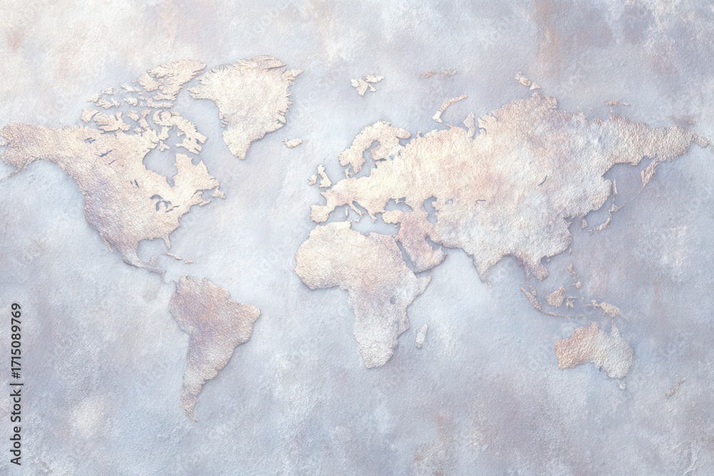 A textured map of the world is displayed on a light-toned surface. The continents are lightly outlined in muted tones, creating a soft but clear representation of global geography.