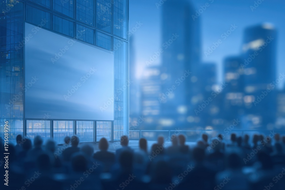 People sit in front of a large screen for an outdoor movie event during early evening. Tall buildings create a stunning backdrop as city lights begin to shine.