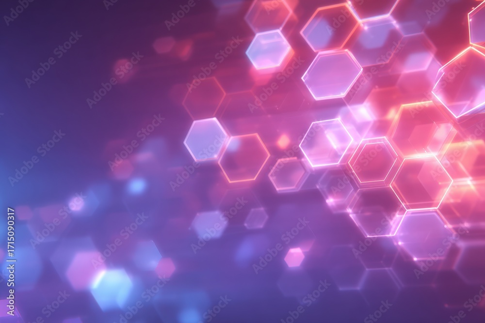 Soft glowing hexagons in shades of pink, purple, and blue create an abstract background design. The light overlaps and shifts in a vibrant display, enhancing the digital aesthetic.