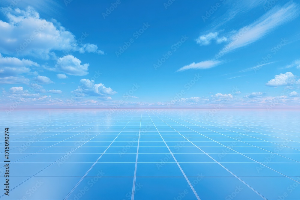 A vast blue sky filled with clouds stretches over a glossy grid surface. The scene exudes tranquility and openness, perfect for contemplation and inspiration.