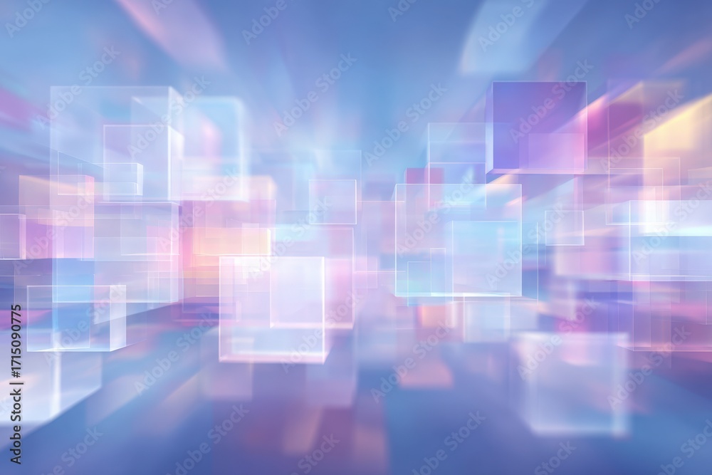 Abstract artwork displays an array of overlapping translucent shapes in soft colors. The bright hues create a dreamy atmosphere, evoking a sense of movement and depth.