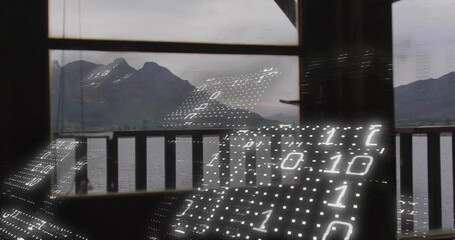 Wall Mural - floating binary grid morphing into wavy overlay on white dots appearing then receding showing data
