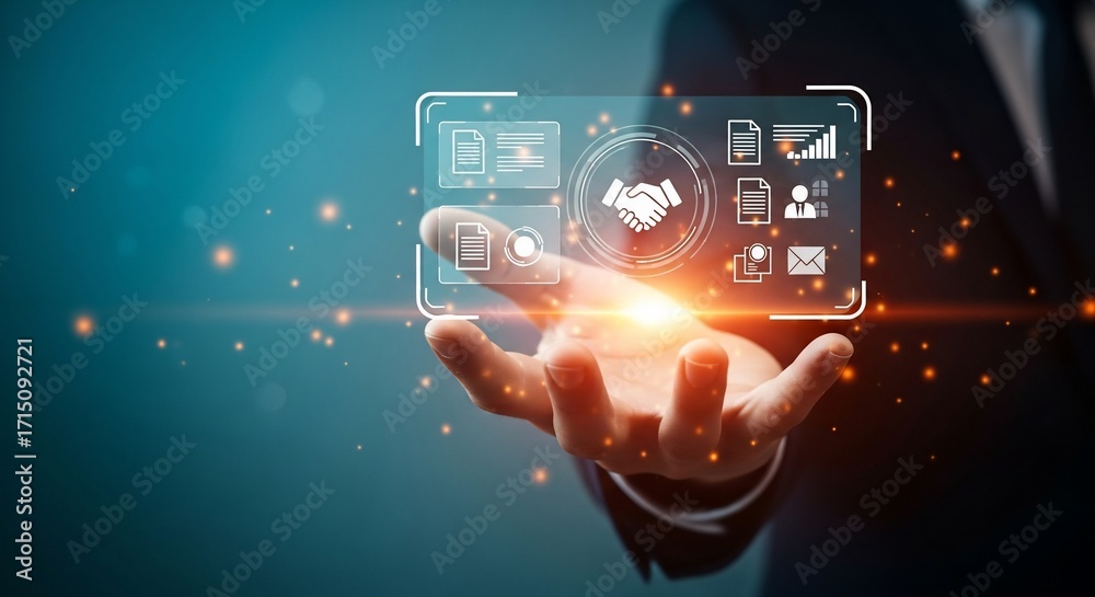Example Business Digital Interface Business professional presenting digital interface with handshake and ...