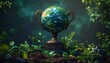 © Dedi - A trophy with an earth globe design sits among lush green plants, symbolizing environmental achievement and sustainability.