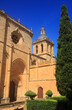Ciudad Rodrigo, Salamanca District, Extremadura, Castilla y Leon, Spain. The Baroque and Romantic style Cathedral. Entrance facade, bell tower and cypress tree in foreground.
