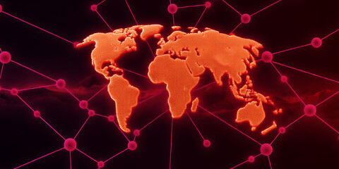 Orange world map network with connecting pink nodes on dark background earth globe