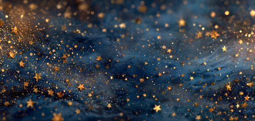 Wall Mural - Abstract background with gold stars, particles and sparkling on navy blue. Christmas Golden light shine particles bokeh on navy blue background. 2024 New year background. Gold foil texture.