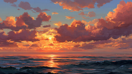 Wall Mural - breathtaking sunset over ocean, featuring vibrant orange and pink clouds reflecting on water surface