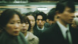 © Som.Ying - Crowded subway station with people in motion, one man standing still with intense gaze amidst a blur of commuters, capturing urban life in a busy environment.
