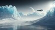 © ms25designs - Spaceship soaring over icy alien landscape with distant planet and bright sun.