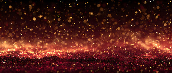 Wall Mural - Red Christmas abstract background. Glowing background with golden dust, sparkles, shimmer, particles. New year mockup for celebrating. Generative ai