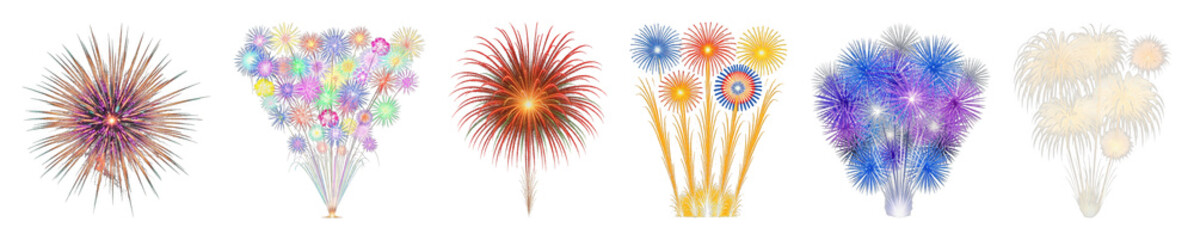 Fireworks set including multicolor, vibrant, and exploding pyrotechnic displays isolated. Celebrations and festive events collection.