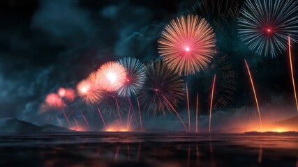 Wall Mural - Firework night celebration with bright red and orange explosions lighting up sky and water reflections creating festive vibrant atmosphere full of joyful bursts and colorful display