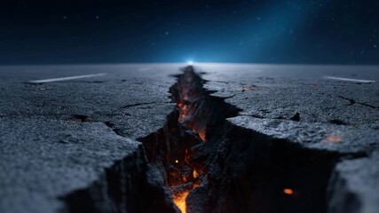 Crack and fissure reveal glowing lava beneath dark starry night sky over earth geology, showcasing intense natural scene with cracked ground and fissure under starry night sky glowing lava