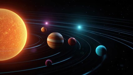 Wall Mural - Solar system planets orbiting bright sun in space with glowing stars colorful planets and glowing orbits in dark cosmic background showing mysterious cosmic star orbit trails