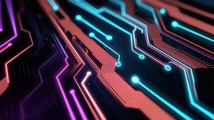 Wall Mural - close up glowing neon circuit board with blue, pink, and purple lines showcasing electronic technolo