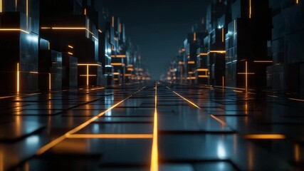 Wall Mural - futuristic corridor glowing orange lines reflective black surfaces digital technology symmetry depth
