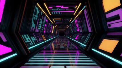 Wall Mural - futuristic corridor neon light glowing pattern dark tunnel sci fi interior with reflective floor geo
