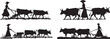 © Nazia - Silhouette of woman farmer plowing field with oxen vintage farming illustration
