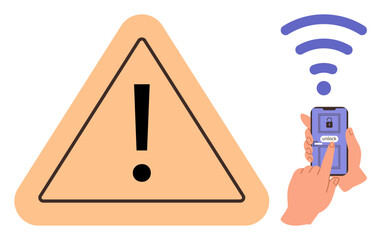 Wall Mural - Large warning triangle with exclamation mark alongside a hand operating a smartphone unlocking via wireless signal. Ideal for security alert, digital safety, user authentication, app risks, caution