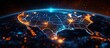© letter - Futuristic digital map of the United States glowing with bright orange and blue lights displaying city locations and state borders at night on a curved globe