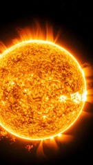 Wall Mural - Close-up of a radiant yellow star with solar flares, highlighting its textured surface and powerful energy release in space.