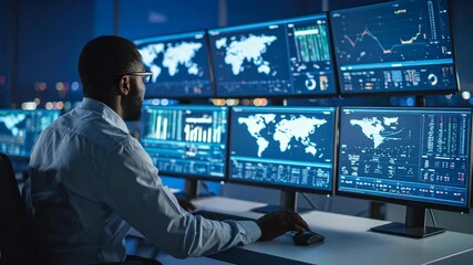 Data analyst monitors global finance and network security information on multiple screens in control room with bokeh lights
