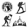 © guru - “Adventure silhouette vector set: hiking, camping, mountain climbers, backpackers, explorers, world travel icons, outdoor lifestyle symbols for adventure branding, tourism, exploration design themes”