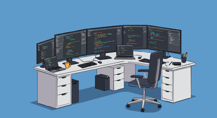 Coder's workspace with multiple monitors and computer setup