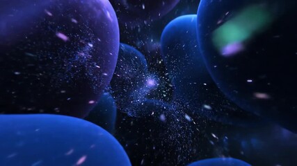 Wall Mural - Seamlessly looping video of organic, flowing abstract shapes with bright, quick, inner light streaks and cosmic dust seamless loop, subtle, broadcast