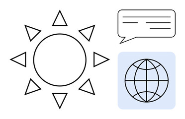Wall Mural - Bold sun with triangular rays, speech bubble, and globe with longitude and latitude lines. Ideal for climate, energy, communication, globalization, environment technology sustainability. Simple
