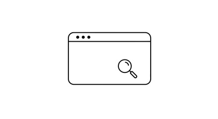 A minimalist line icon of a web browser window with a magnifying glass for search.