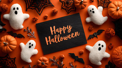 Canvas Print - happy halloween holiday concept. top view of halloween decorations: ghosts and cobwebs on orange bac