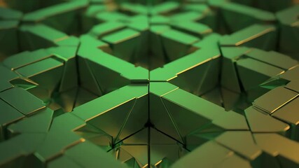 Wall Mural - continuously evolving geometric pattern of iridescent green and gold polygons, creating an abstract 
