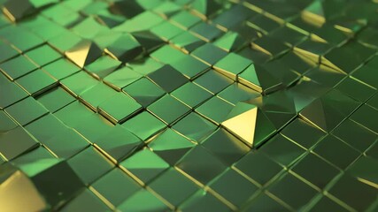 Wall Mural - continuously evolving geometric pattern of iridescent green and gold polygons, creating an abstract 