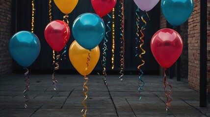 Colorful balloons floating outdoors with streamers for a festive event