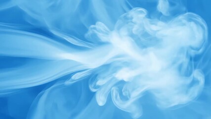 Wall Mural - Ethereal asymmetrical gaseous wisps of light blue and white drift and swirl in a seamlessly looping abstract background fog, peaceful, serene