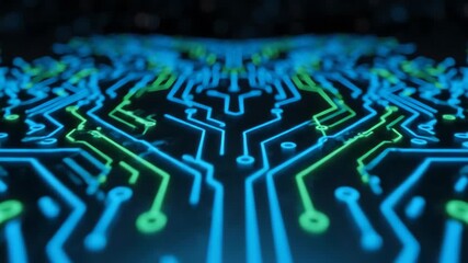Wall Mural - Glowing cybernetic circuits expand with abstract symmetrical balance, forming a complex seamlessly looping futuristic background design, tech, glowing cybernetic circuits