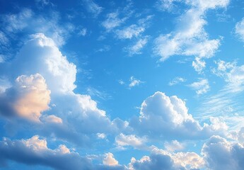 bright blue sky filled with fluffy white clouds softly illuminated by sunlight creating a peaceful a