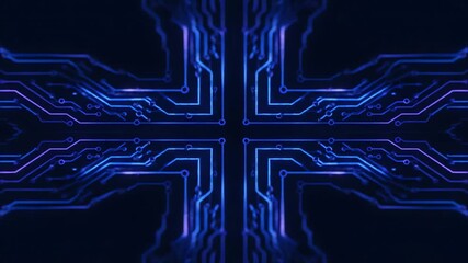 Wall Mural - Glowing cybernetic circuits expand with abstract symmetrical balance, forming a complex seamlessly looping futuristic background design, balance, creative