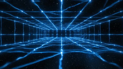 Wall Mural - A technological, seamlessly looping video featuring a blue starlight glow forming a grid of interconnected light lines, constantly regenerating lines, black, background