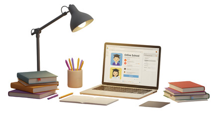 Virtual School Distance Learning Scene with Laptop, Books, and Stationery in a Modern Workspace