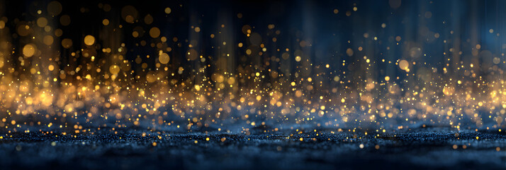 Wall Mural - Abstract background with Dark blue and gold particle. Christmas Golden light shine particles bokeh on navy blue background