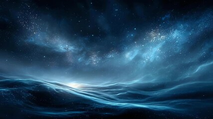 Outer universe landscape with luminous stars, flowing galactic waves and celestial dust under glowing blue mist and black space