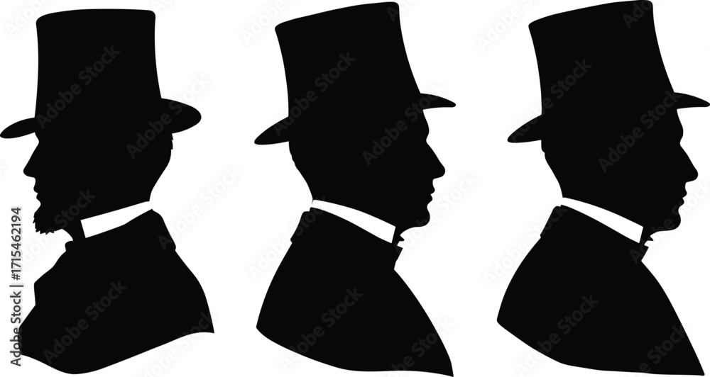 Silhouette men in top hats, vintage gentleman profile illustration ...