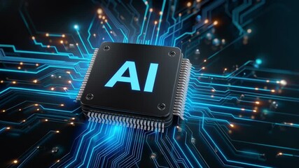 AI Chip's Neural Network: A high-tech visualization showcases the intricate design of an AI chip, with the AI prominently displayed on the chip.