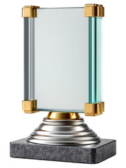 Clear glass display on a tiered metallic base with gold accents isolated on black transparent background