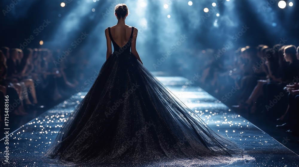 Elegant woman in a flowing black gown walks the runway under dramatic ...