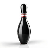 Single black bowling pin with red and gold rings on white background