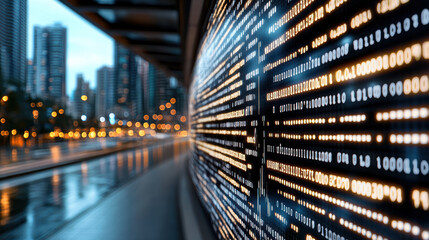 Digital marks and binary code illuminate cityscape at night, creating futuristic atmosphere